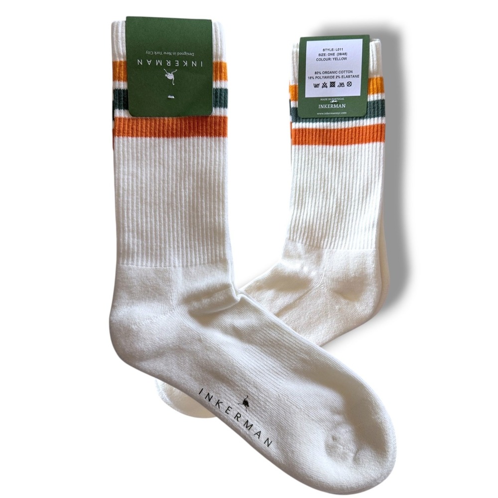 INKERMAN Striped Crew Socks Organic Cotton Blend Yellow Sz 39/45 Unisex